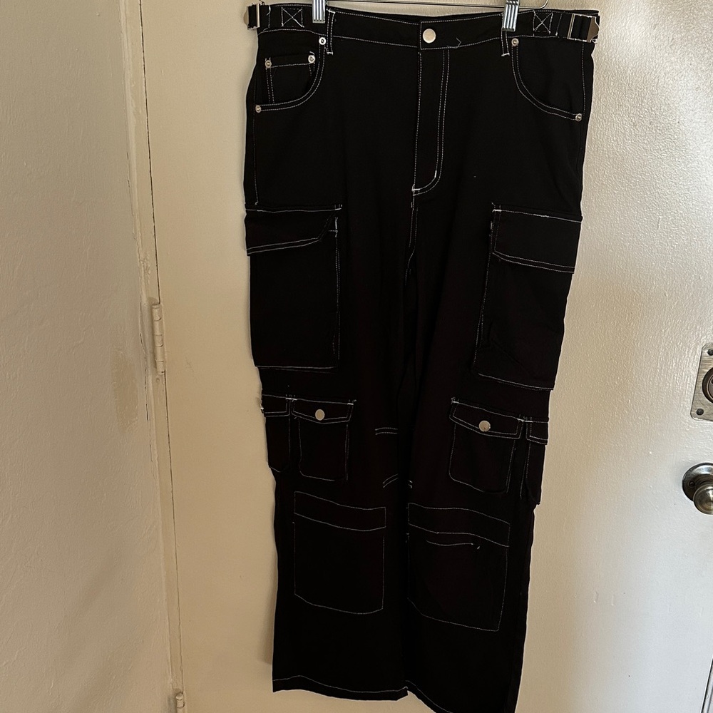 Black Cargo Pants with White Stitching. Grunge, Goth, Utility